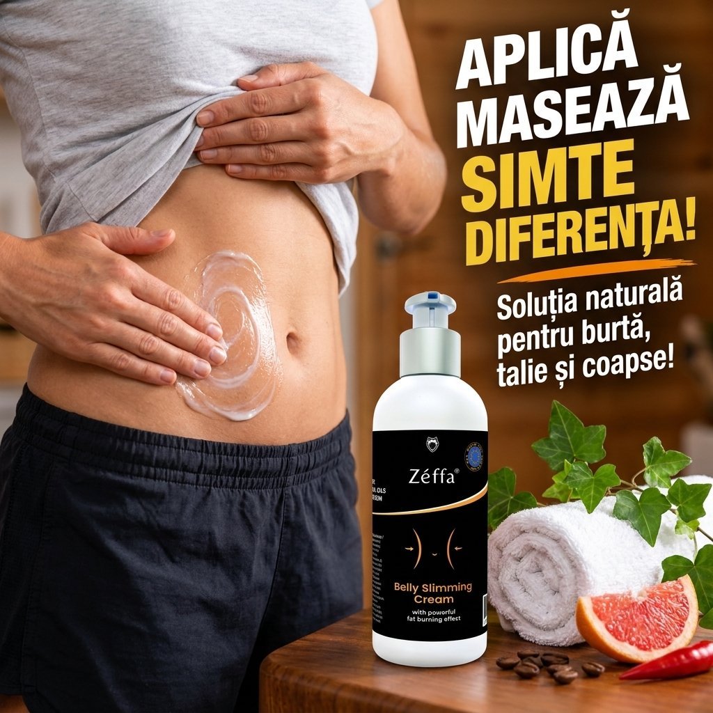 Aplică, masează, simte diferența — cremă Belly Slimming aplicată pe abdomen