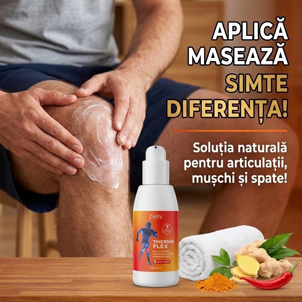 Aplică, masează, simte diferența — gel Therma Flex aplicat pe genunchi